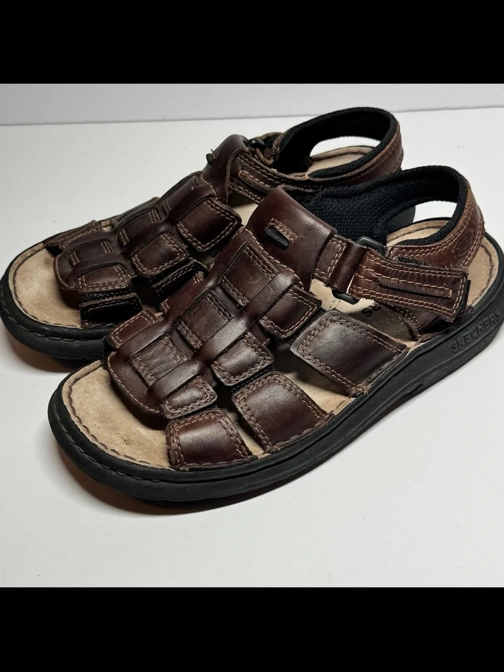 Vintage Skechers Kids Sz 5 Dark Brown Leather Fisherman-Style Sandals 90s